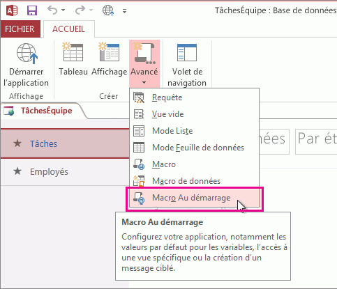 Commande Macro Au démarrage dans le ruban.