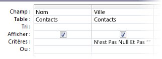 concepteur de requêtes avec les critères pour le champ Ville non null et non vide.
