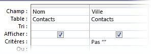 concepteur de requêtes avec des critères pour le champ ville non vide