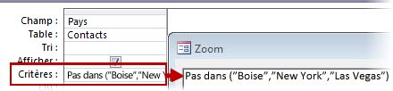Pour afficher tous les contacts qui ne se trouve pas au Royaume-Uni, aux États-Unis ou en France, utilisez les critères Not In (Texte, Texte, Texte...)