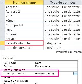 Définition de la valeur par défaut d’un champ Date/heure dans une table Access