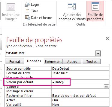 Feuille de propriétés affichant la propriété Valeur par défaut définie sur Date().