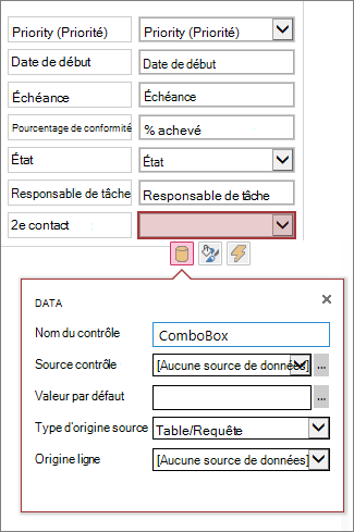 État initial de la zone de propriété pour un contrôle de liste déroulante