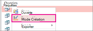 Menu contextuel d’une requête dans le volet de navigation