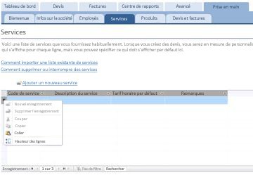 Menu contextuel sur la feuille de données Services
