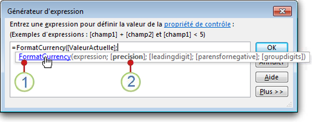 Les informations rapides s’affichent pour une fonction.