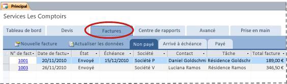Onglet Factures du modèle de base de données Services
