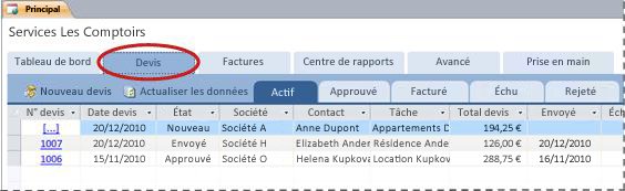 Onglet Devis du modèle de base de données Services