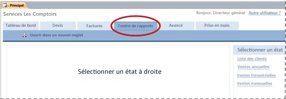 Onglet Centre de rapports du modèle de base de données Services