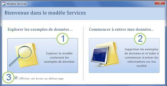 Formulaire de démarrage du modèle de base de données Web Services