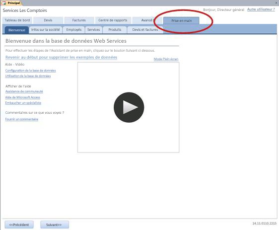 Onglet Mise en route du modèle de base de données Web Services