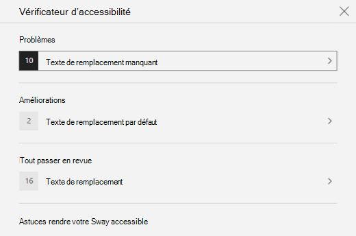Volet Vérificateur d’accessibilité affichant les problèmes liés au texte de remplacement dans Sway.