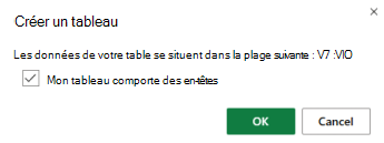 La boîte de dialogue Créer une table avec la case à cocher sélectionnée pour l’option Ma table a des en-têtes.