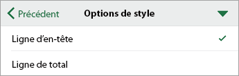 Commande Options de style, avec l’option Ligne d’en-tête sélectionnée