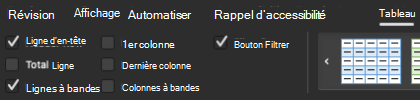 Case à cocher Ligne d’en-tête sélectionnée dans le groupe Styles de tableau dans Excel pour Mac