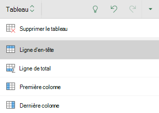 Option de ligne d’en-tête sélectionnée pour une table dans Excel pour Android