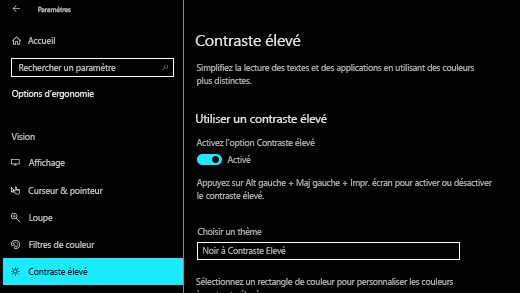 Activez le contraste élevé dans Windows 10'application Paramètres.