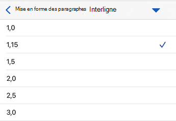 Options d’interligne dans Word pour iOS.