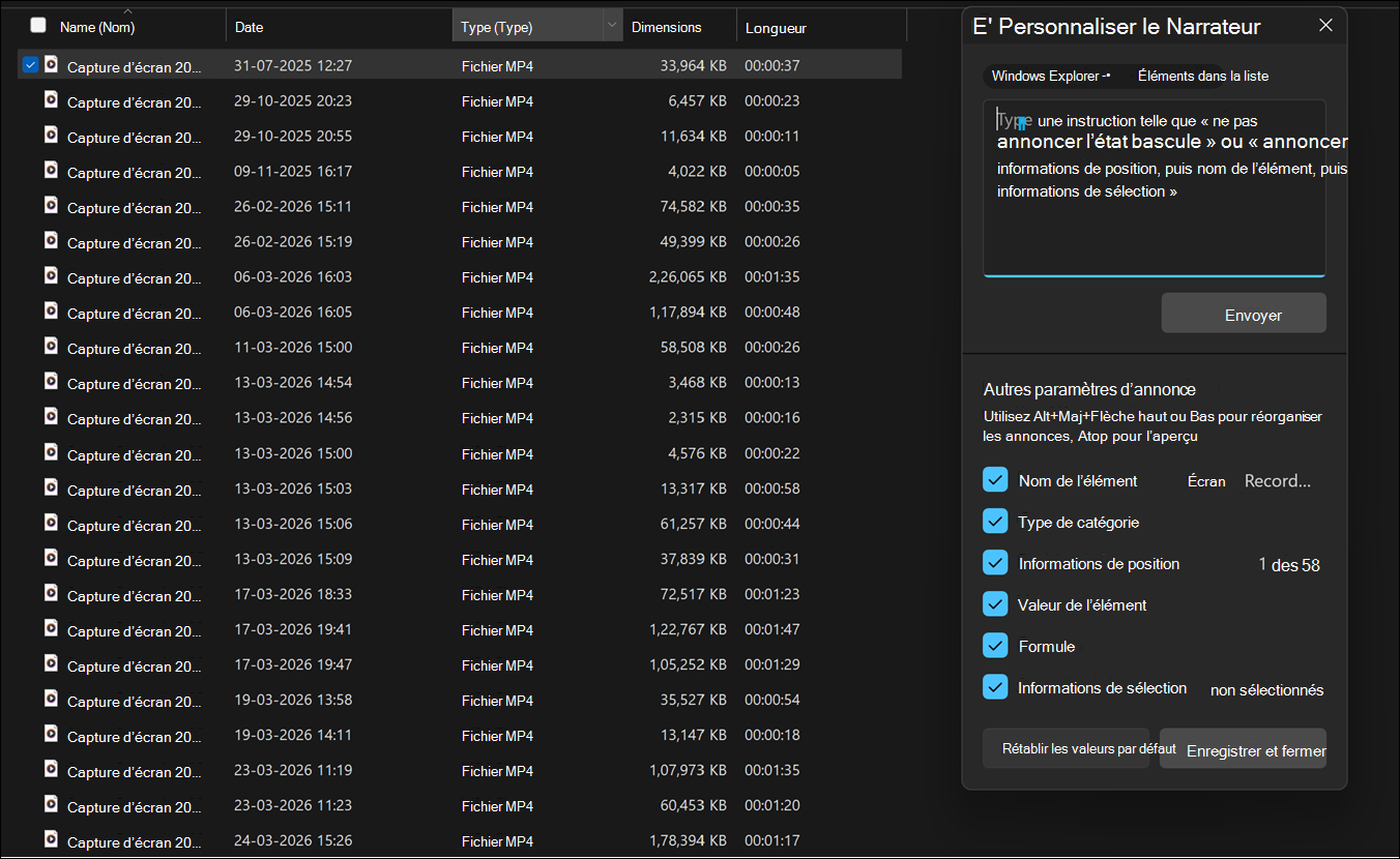 Interface utilisateur montrant le panneau de personnalisation du Narrateur dans Windows 11.