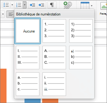 Options de style de numérotation disponibles dans la bibliothèque de numérotation dans Outlook pour Mac.