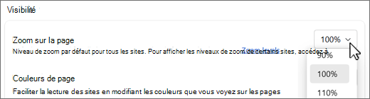 Capture d’écran de la liste déroulante des niveaux de zoom de page.