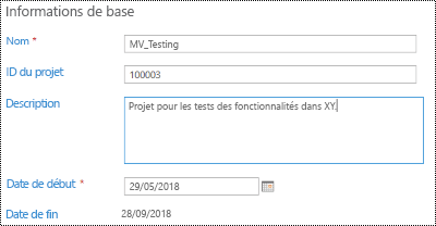 Description du projet dans Project Online.