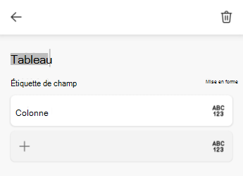 Champ de texte Nom de la table dans Excel pour Android