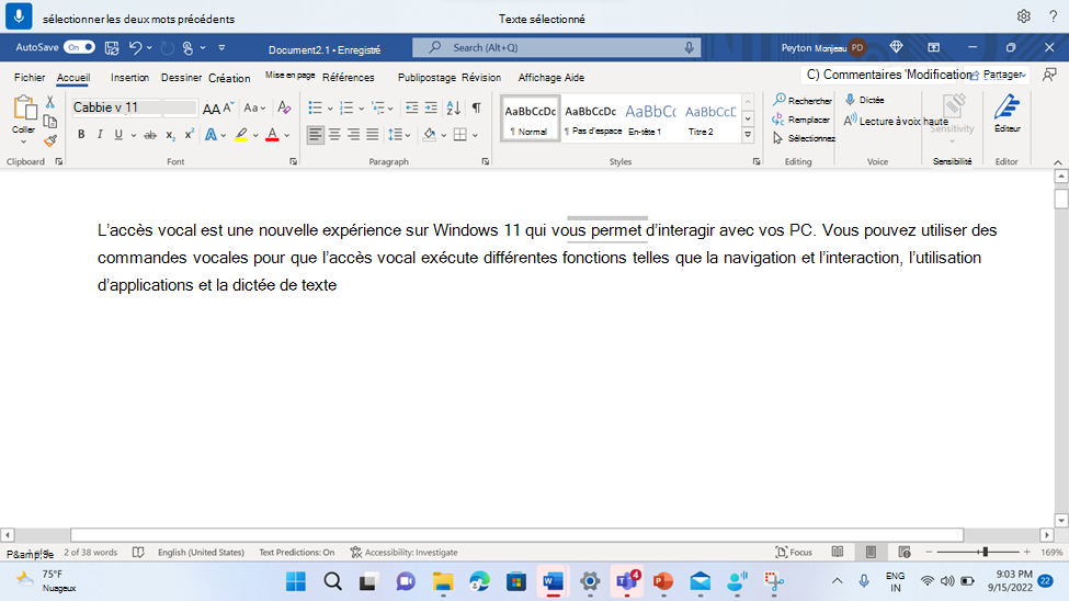 Word document montrant la commande d’accès vocal pour sélectionner deux mots précédents.