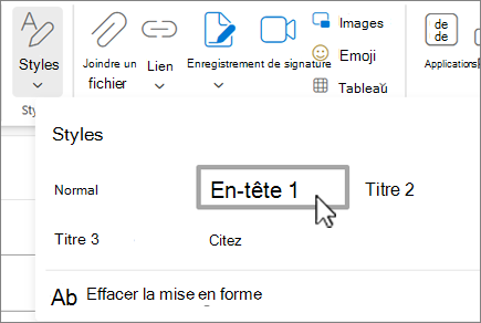 Menu Styles dans Outlook sur le web.