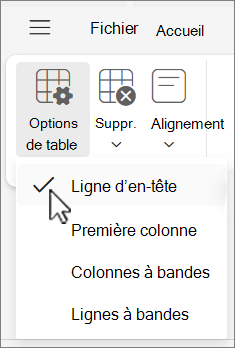 Menu Options du tableau montrant l’option Ligne d’en-tête sélectionnée dans Outlook sur le web.