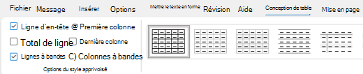 Option En-têtes de tableau sélectionnée dans le ruban dans Outlook.
