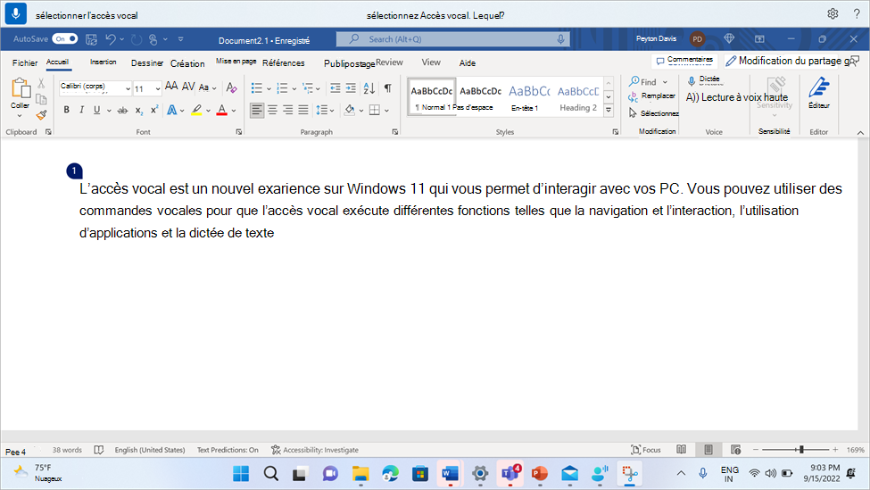 Word document montrant l’accès vocal demandant à l’utilisateur de sélectionner une occurrence parmi plusieurs.