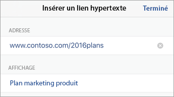 Commande Lien, affichant l’URL (adresse) et le texte à afficher