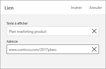 Commande Lien, affichant le texte à afficher et l’adresse