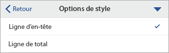 Commande Options de style développée, avec l’option Ligne d’en-tête sélectionnée