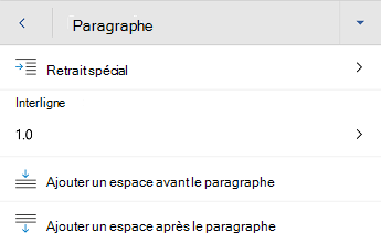 Word pour Android menu de mise en forme des paragraphes