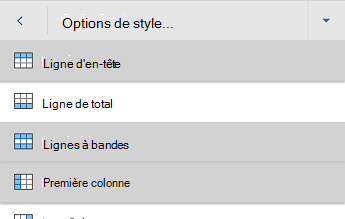 Word pour Android menu options de style de tableau