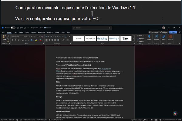 Capture d’écran montrant la vue ancrée : une bande agrandie est épinglée au bord supérieur de l’écran et affiche le texte agrandi, tandis que l’application ci-dessous reste à la taille normale.
