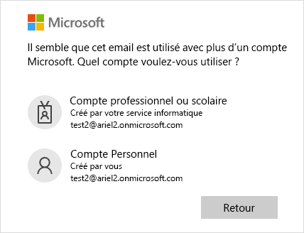 Écran de connexion avec deux e-mails