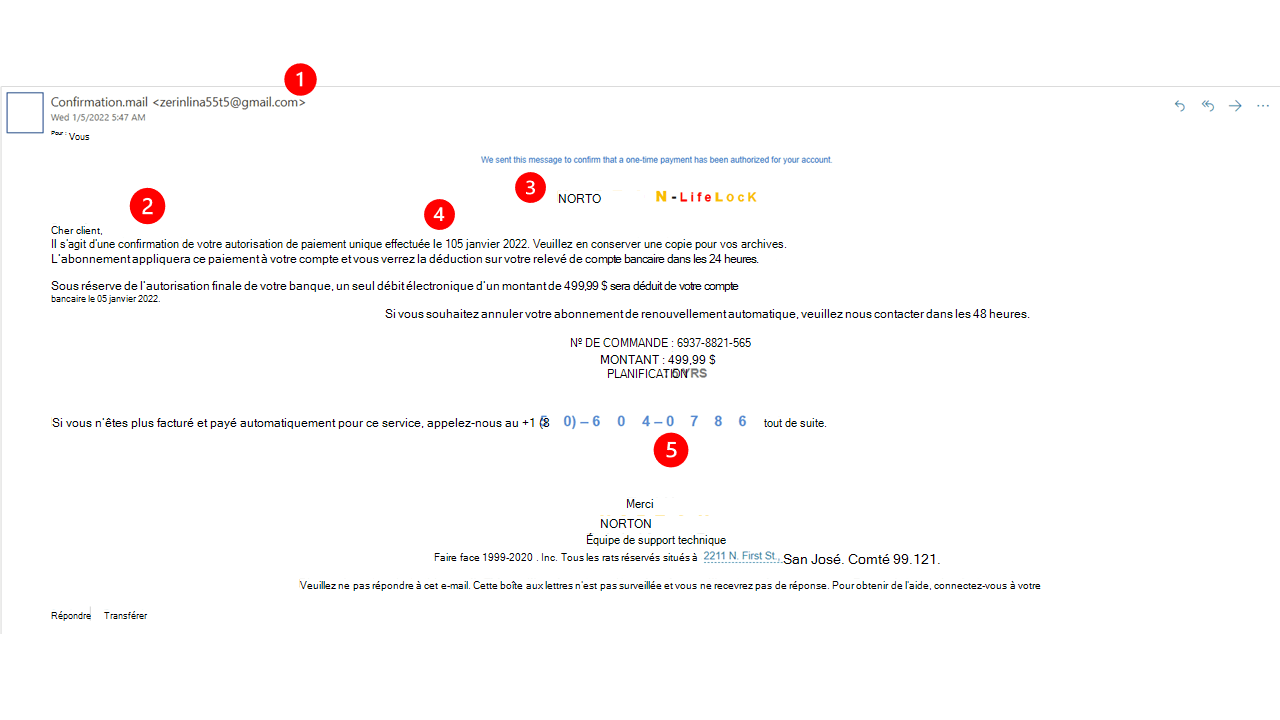 Exemple d’e-mail frauduleux prétendant provenir de Norton.