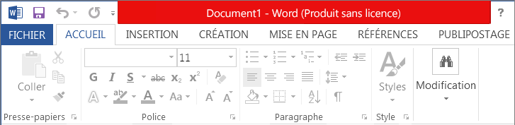 Affiche produit sans licence dans la barre de titre rouge, l’interface désactivée et la bannière de message