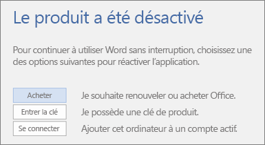 Capture d’écran montrant le message d’erreur Produit désactivé