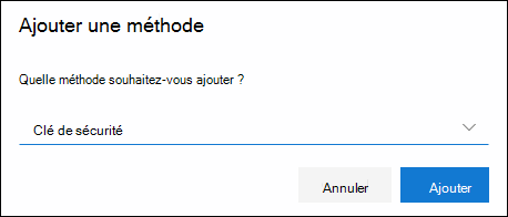 Zone Ajouter une méthode, avec la clé de sécurité sélectionnée