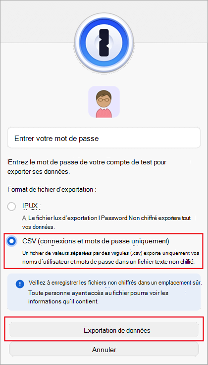 Boîte de dialogue d’exportation du fichier de 1Password.