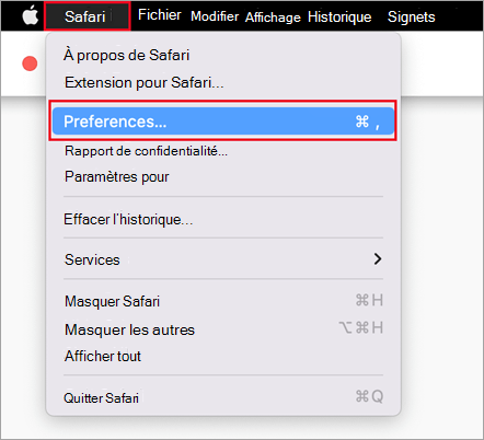 Menu Safari dans Safari, avec l’option Préférences sélectionnée.