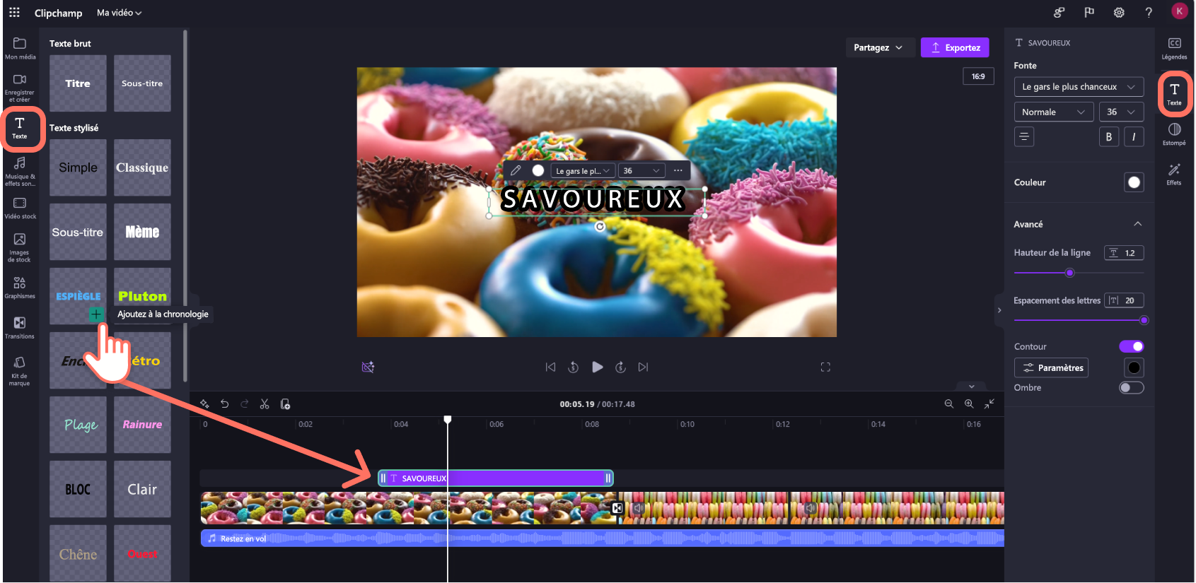 Capture d’écran d’un utilisateur de compte professionnel Clipchamp ajoutant du texte à une vidéo.