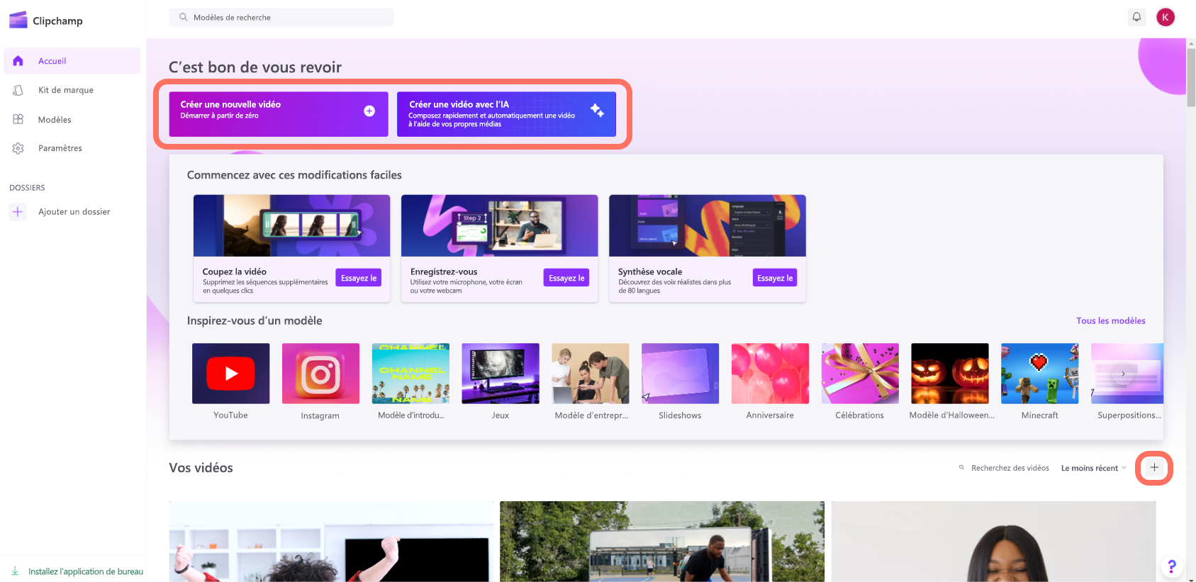Capture d’écran de l’écran d’accueil de compte personnel Clipchamp.