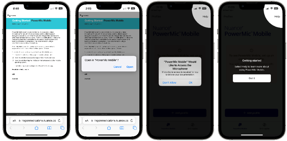 First image, getting Started PowerMic Mobile screen. Second image, open in PowerMic Mobile screen. Third image, allow PowerMic Mobile to access the microphone. Last image, getting started confirmation screen.