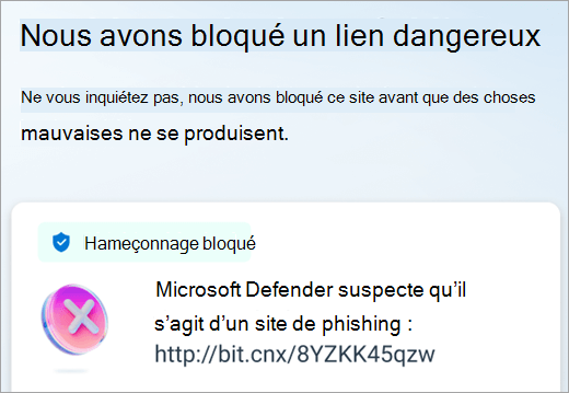 Microsoft Defender a bloqué un lien nuisible sur un appareil Android.