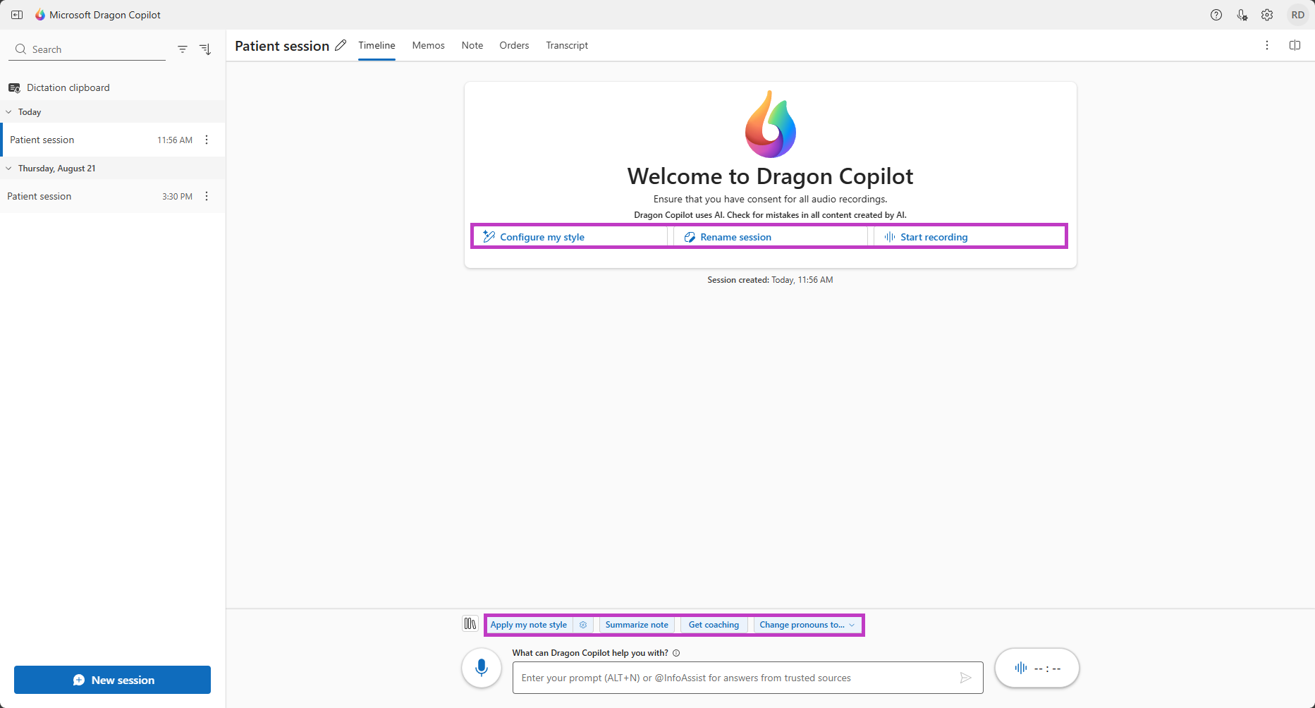 Écran de transcription avec les actions d’IA mises en évidence en haut et en bas de l’écran.